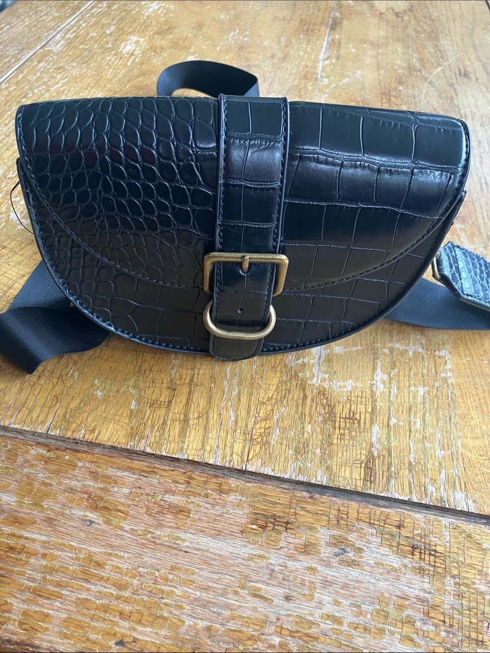 THE DROP Black Croc-Embossed Crossbody Belt Bag with Brass Buckle Clasp